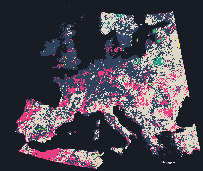 Map of Europe's land coloured by the kind of year-to-year change each place shows: trending, marked by an anomalous year, variable or steady.