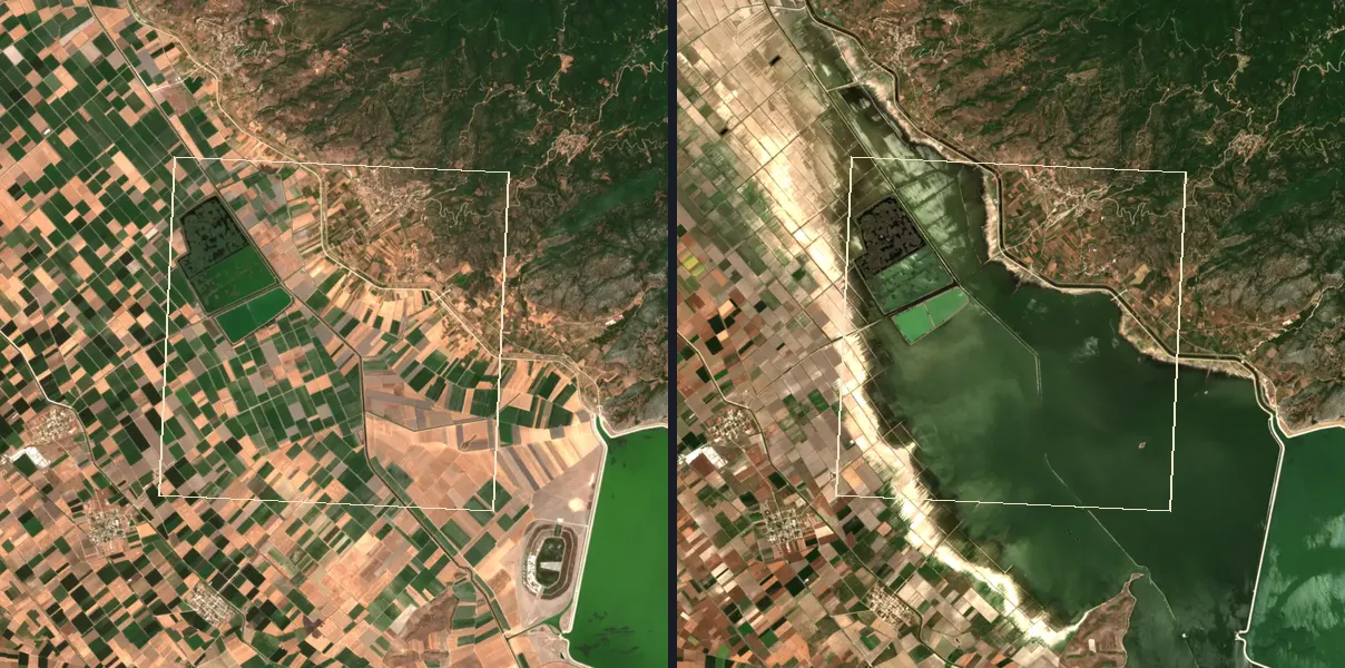 Two Sentinel-2 scenes of the same place side by side, before and after the year it changed, the map cell outlined on both.