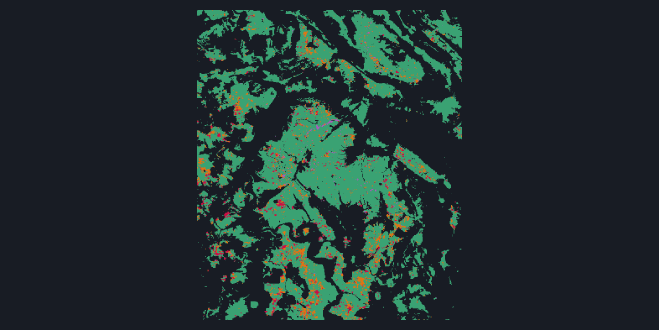 A map of forest stands in the Solling, a hectare each, on a dark ground: green where the canopy is still standing, and crimson, orange and mauve where FCCL records it lost in 2018, in 2019 to 2021 and from 2022 on.