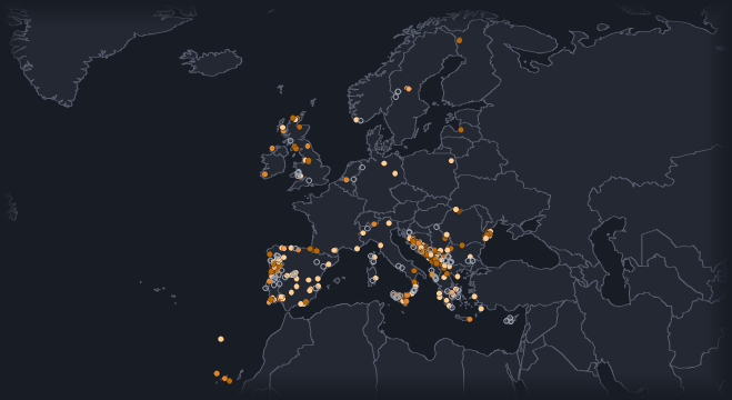 A map of Europe on a dark ground with every wildfire in the sample as a dot: training fires shaded from dark to light orange by how many years the embedding remembers them, held-out fires as hollow rings.