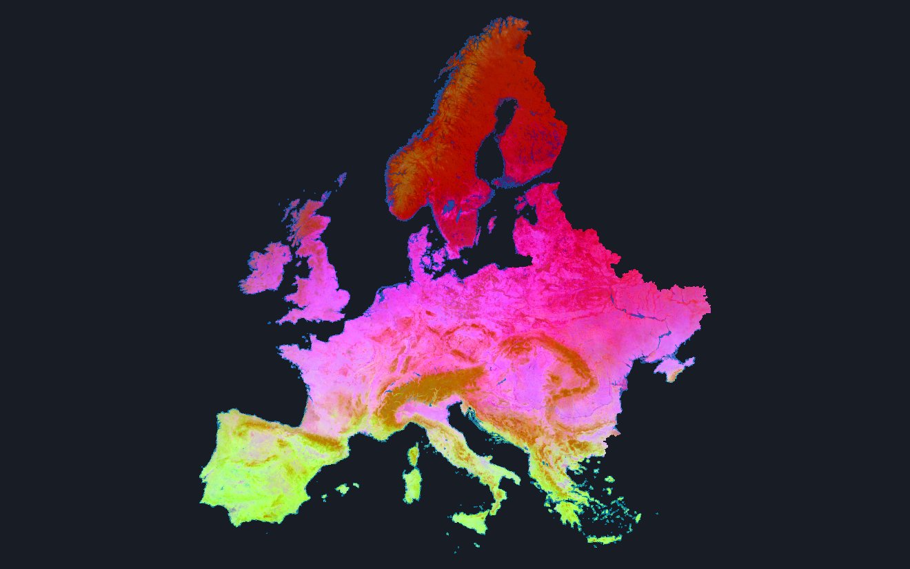 Europe on an equal-area map, each square coloured by its AlphaEarth embedding