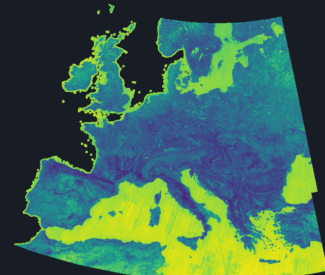 Map of Europe coloured by how many degrees each cell's direction turned.