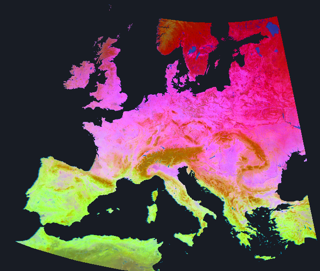 Europe on the COSMO-REA6 6 km grid, coloured by the first three
                      principal components of the AlphaEarth embedding. A map with no
                      temperature in it that nonetheless separates coast from interior
                      and mountain from plain.