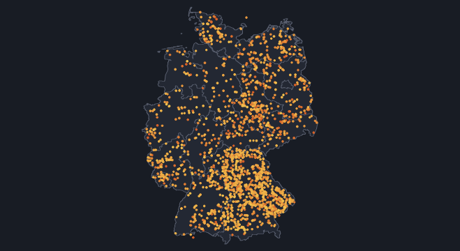 A map of Germany on a dark ground with each ground-mounted solar park in the sample as a dot, coloured by the year the embedding dates its build.