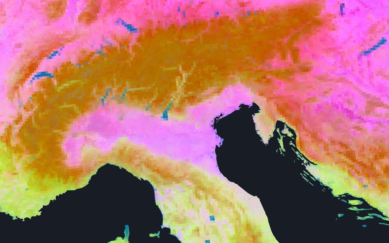 The Alps, the Po plain and the Adriatic coast, each square coloured by its AlphaEarth embedding and cut at the coastline