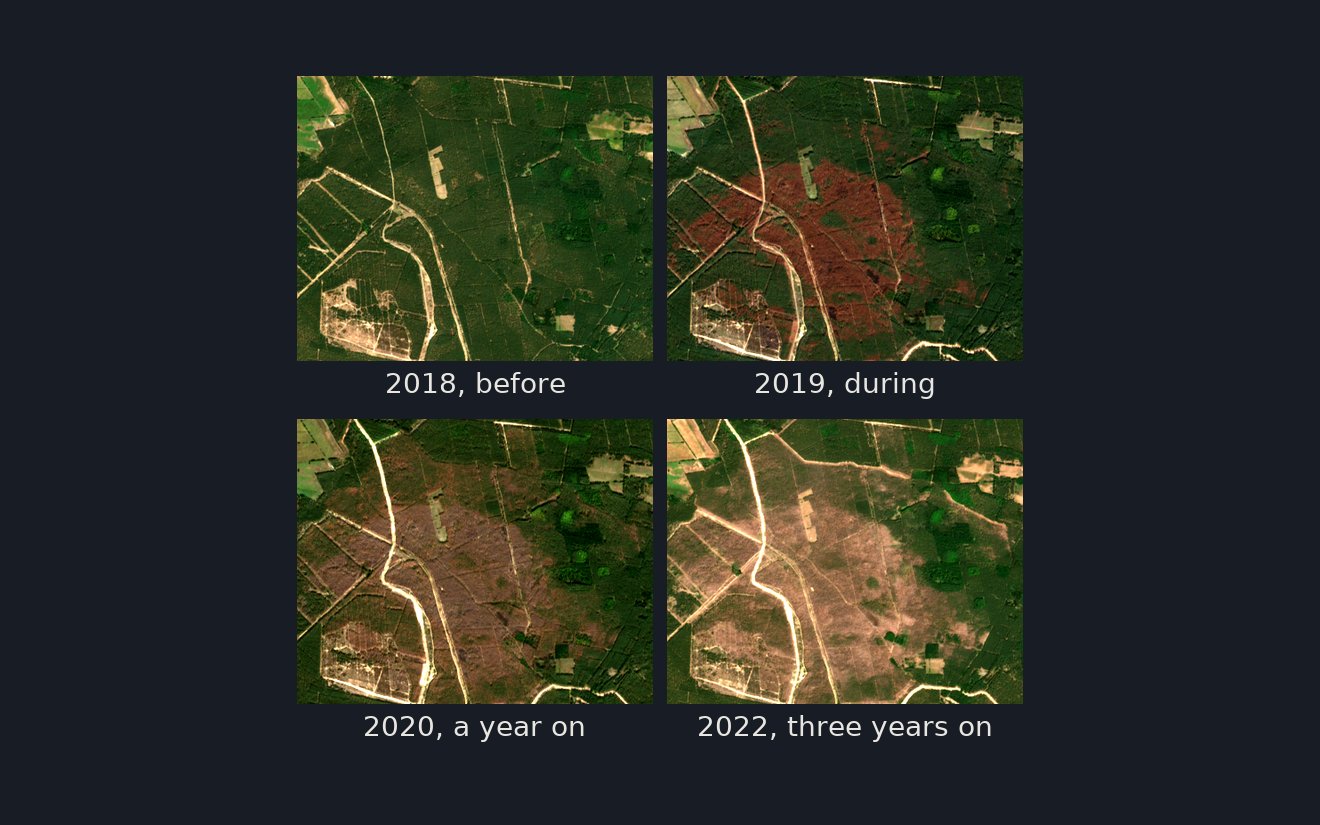 Sentinel-2 views of one burnt German forest: the summer before the fire, a year on, and years later