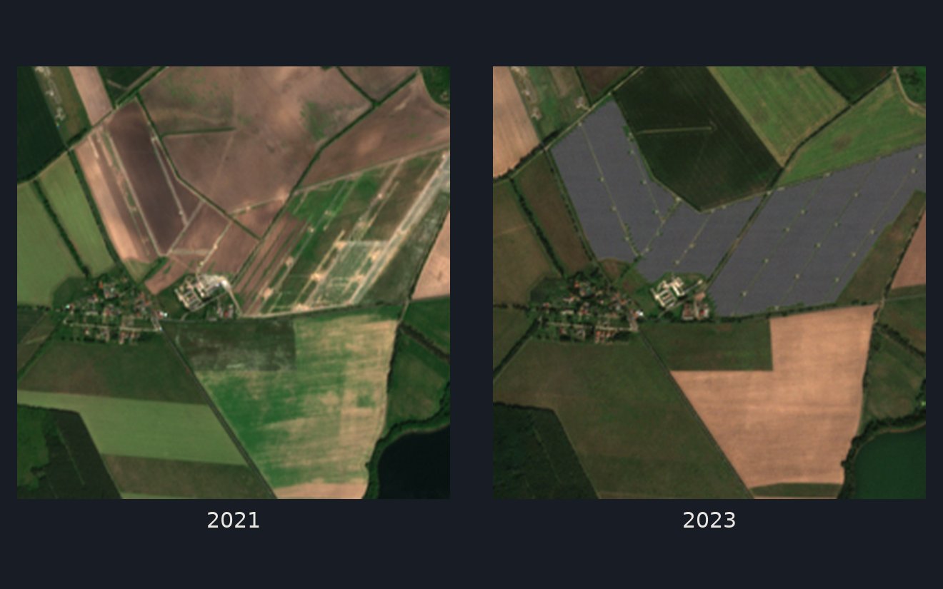 Sentinel-2 views of one German solar park, open fields, then rows of panels