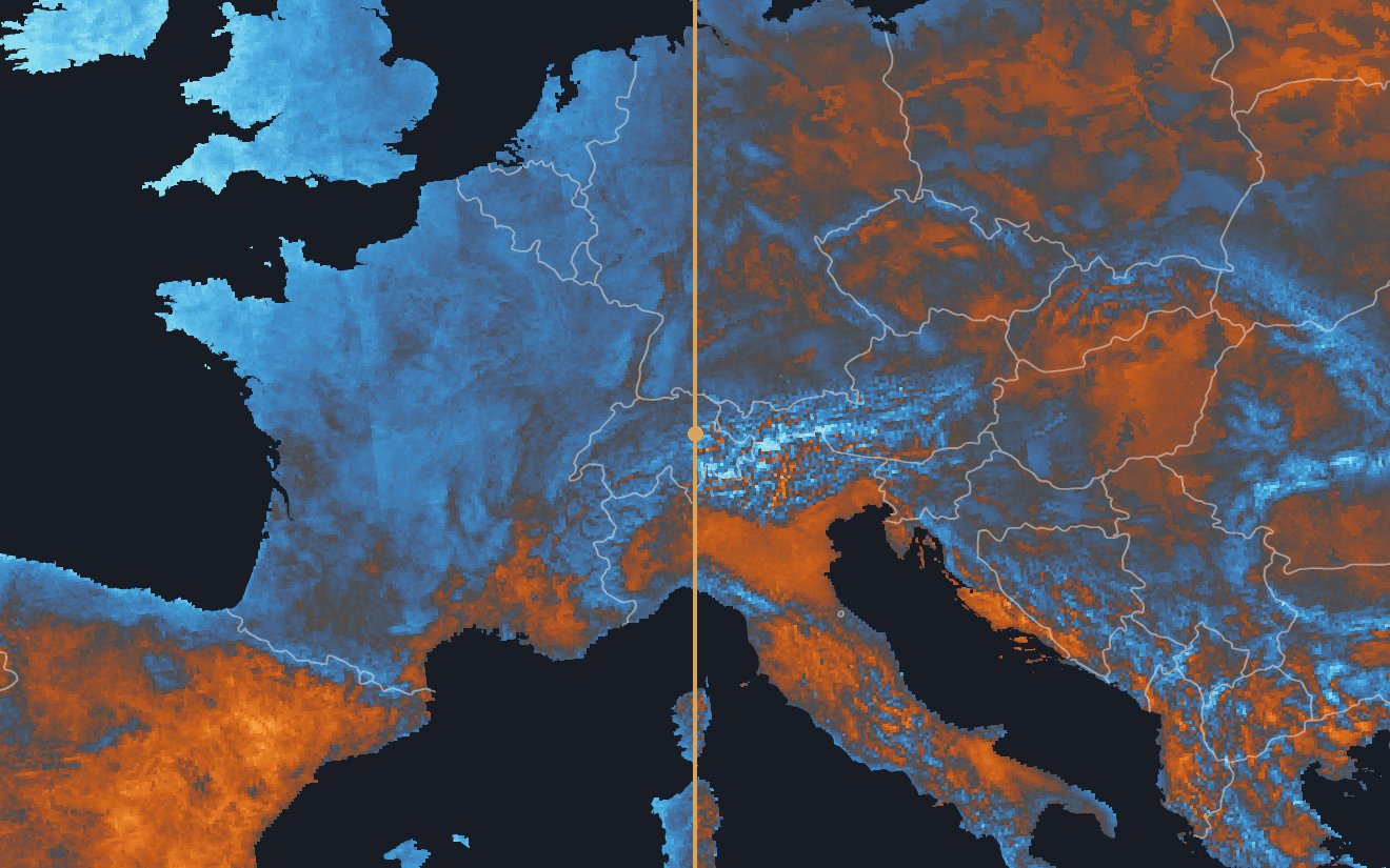 Europe from Britain and Spain to the Balkans in summer: heat predicted from the embedding left of a gold line through the Alps, measured to its right, both with latitude and altitude taken out, blue where cooler than that leaves and orange where warmer, with country borders and the sea in dark grey.
