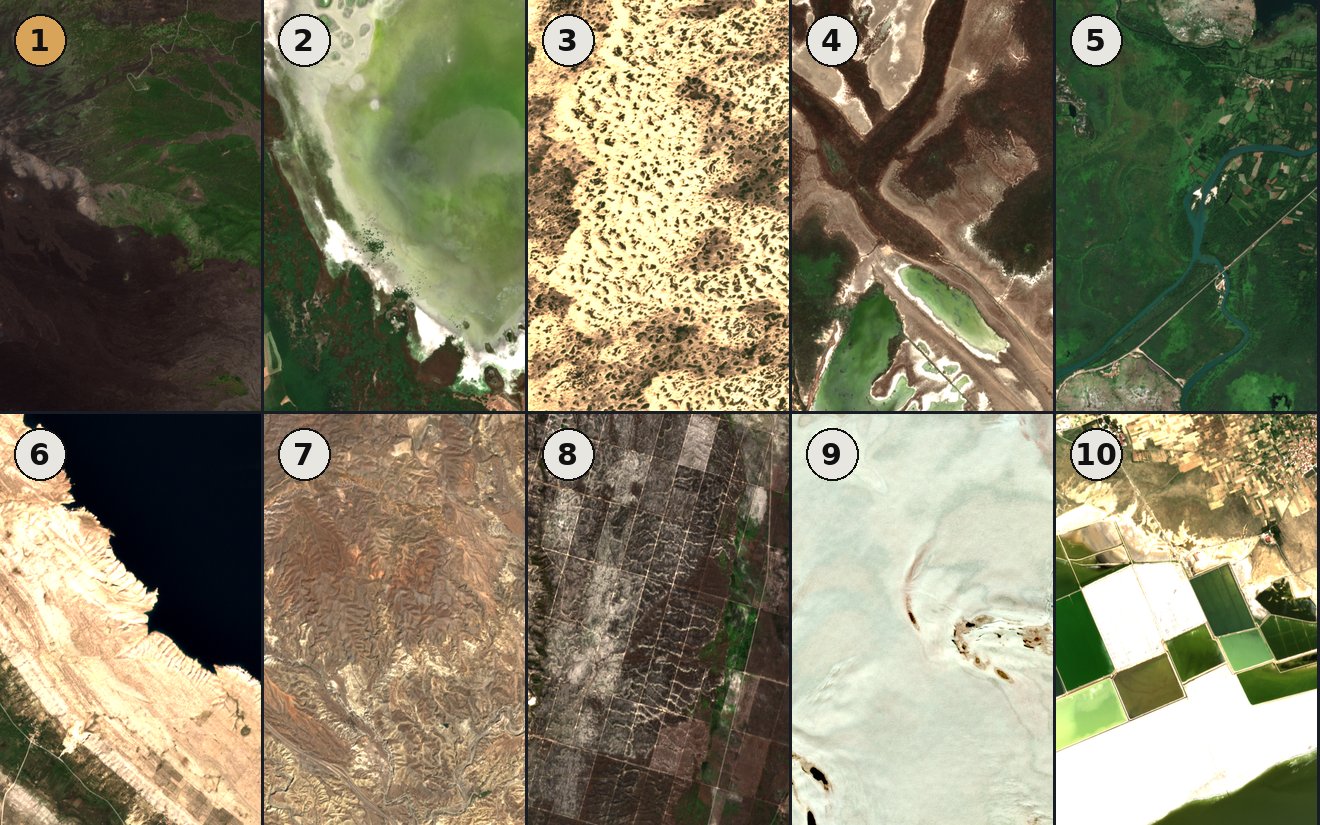 Satellite views of the tour stops, the places with no near twin in Europe, numbered in order: a lava field on Etna, a salt lake, sand dunes, marsh channels, a glacier, salt pans