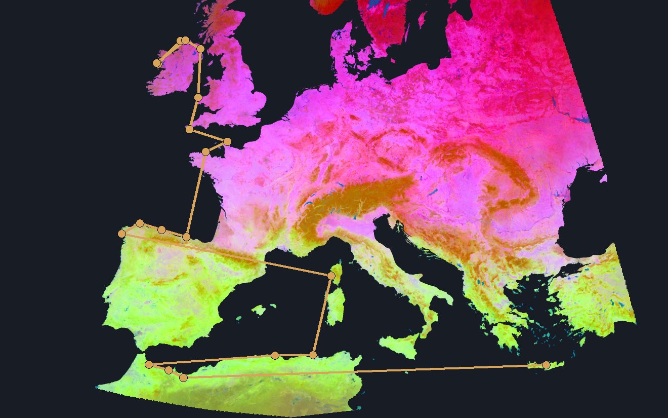 A gold walk from Connemara to Crete over the embedding colours of Europe, by way of Wales, Cornwall, Brittany, the Spanish north coast, Corsica and the Maghreb, a dot at each stop