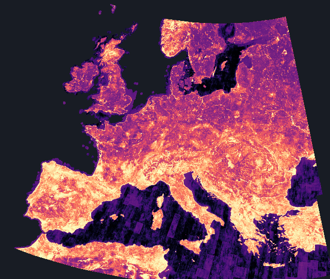 Map of Europe coloured from ordinary (dark) to unusual (bright).