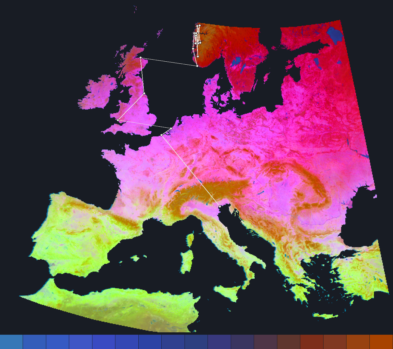 Map of Europe in its embedding colours with a walk drawn from the Venice lagoon to the Norwegian fjords, and a strip of each step's colour beneath it.